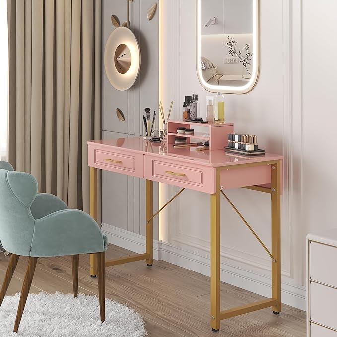 WESTREE Vanity Desk with 2 Drawers and Storage Shelf, Modern Makeup Table with Glossy Desktop, Gold Metal Frame Writing Desk for Bedroom or Home Office, No Mirror