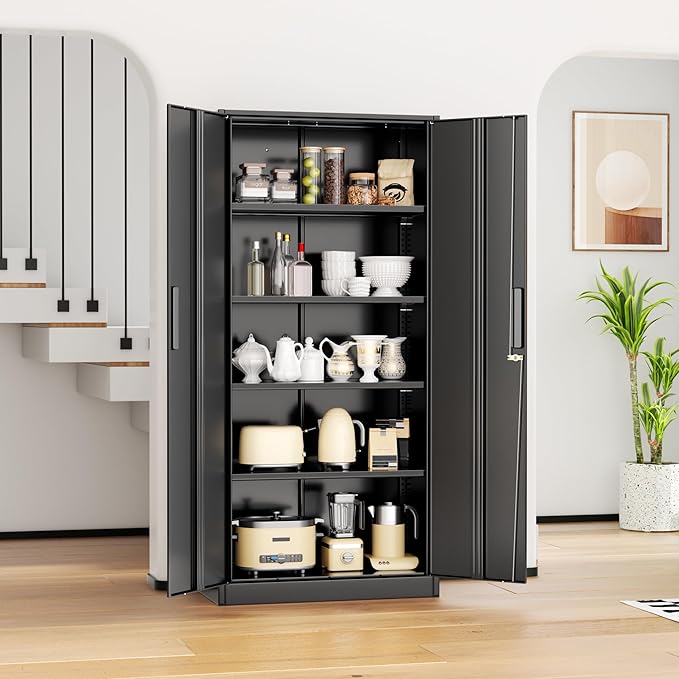INTERGREAT Metal Lockable Storage Cabinet, 72” Storage Cabinet with 2 Doors and 4 Adjustable Shelves for Office, Home, Garage, Pantry (Assembly Required, Black)