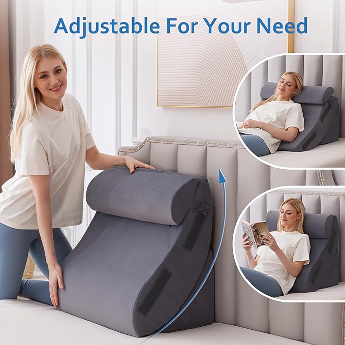Ahpmeoa 5Pcs Wedge Pillow Set for After Surgery, Orthopedic Bed Wedge Pillow Set for Post Surgery, Acid Reflux Relief, Sleeping, Back Pain Relief, Adjustable Back Pillow for Bed Sitting up Grey Plush