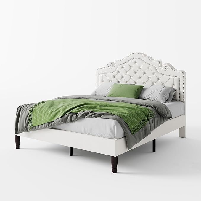 SHA CERLIN Queen Size Bed Frame with Adjustable Headboard/Velvet Upholstered/Diamond Button Tufted and Metal Studs/No Box Spring Needed/Sturdy Wood Slat Support/Easy Assembly/White