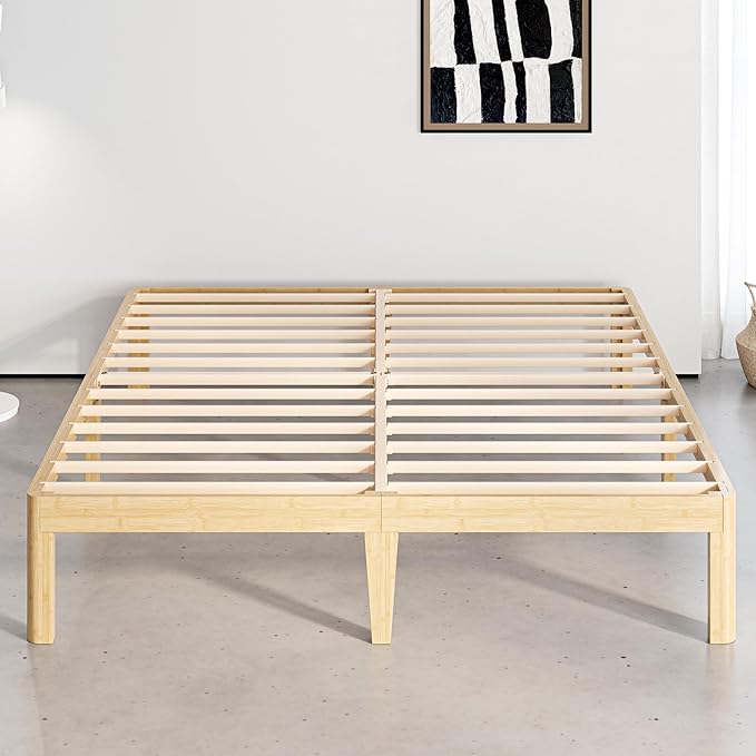 14 Inch High Bamboo Wood King Size Bed Frame Platform, Metal Slat Support King Bed Frame, No Box Spring Needed, Easy Assembly, Noise Free, Reinforced