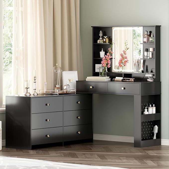 Ieejdn Makeup Vanity Desk with Mirror and Lights, Vanity Desk with 8 Drawers & Storage Shelves, Vanity Table with Power Outlet, 3 Color Modes & Adjustable Brightness Dressing Table, Bedroom,Black
