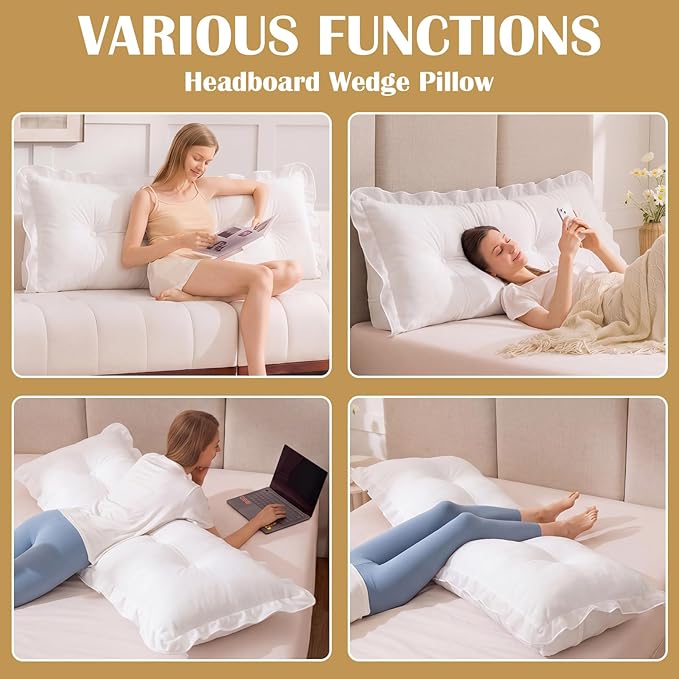 Leinuosen 39 in Ruffle Wedge Headboard Pillow for Dorm Twin XL College Bed Reading Bolster Dorm Velvet Triangular Bed Backrest Wedge Pillow Cushion for College Reading Support(White)