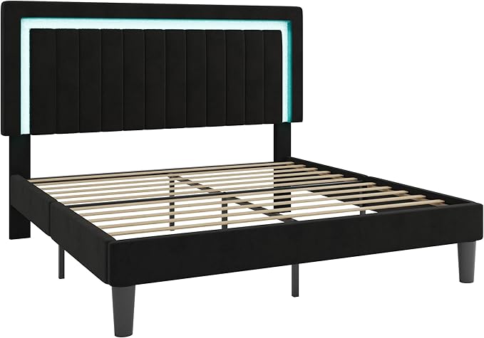 SHA CERLIN King Size Velvet Bed Frame with LED Light, Adjustable Vertical Channel Tufted Headboard, Strong Wooden Slats Support, Noise-Free, No Box Spring Needed, Black