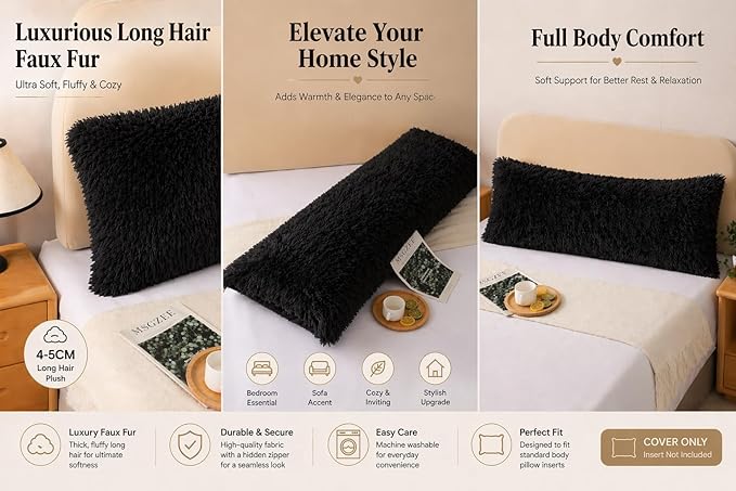 Reafort Luxury Faux Fur Body Pillow Cover 21" x 54", Long Hair PV Plush Body Pillow Case with Hidden Zipper Closure, Ultra Soft Fluffy Decorative Long Pillow Cover (Black, Body)