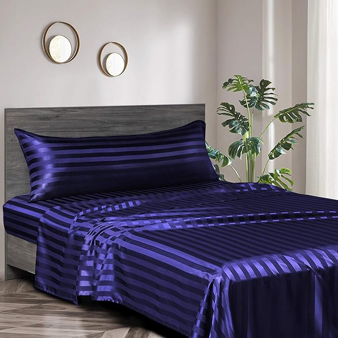 MR&HM Satin Body Pillow Cover, 20x54 inches Body Pillow Case for Adults, Silk Satin Cooling Body Pillow Pillowcase with Envelope Closure (20x54, Navy Blue Striped)