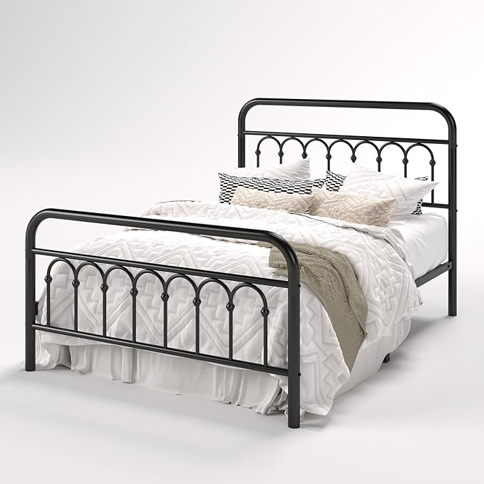 Allewie 14 Inches Full Size Metal Platform Bed Frame with Victorian Style Curved Iron-Art Headboard/Footboard, Metal Slats Support, Easy Assembly, Under Bed Storage, No Box Spring Required, Black
