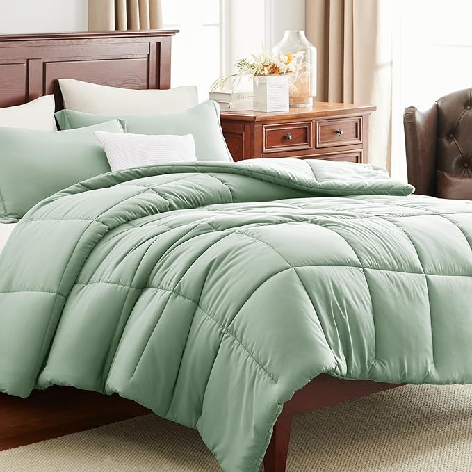 CozyLux King Size Comforter Set - 270GSM Sage Green Bedding Sets for All Seasons Size, 3 Pieces Box Stitched Bed Set with 1 Down Alternative Comforter and 2 Pillow Shams, Soft, Lightweight, Durable