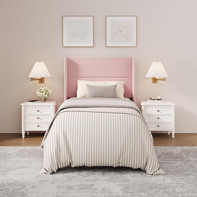 Garvee Twin Size Bed Frame with Wingback Headboard, Velvet Upholstered Platform Bedframe with Wood Slats, No Box Spring Needed, Easy Assembly, Pink