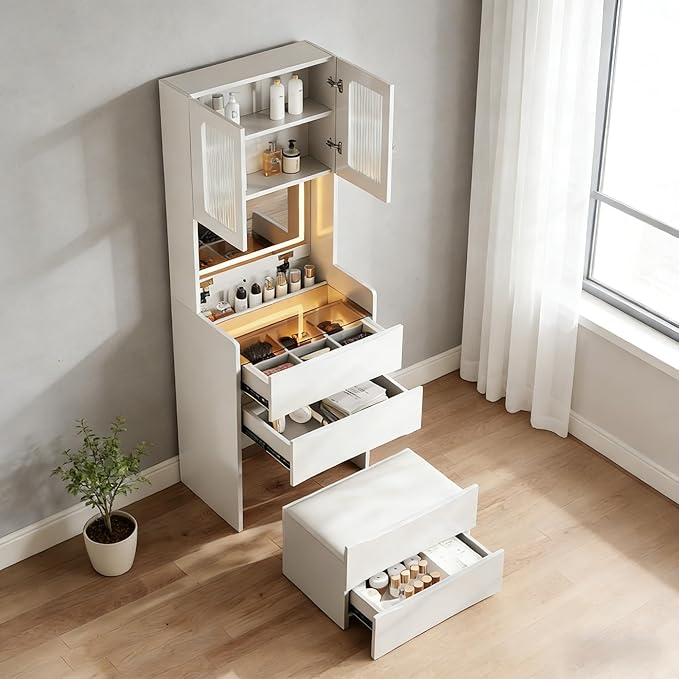 Casaphoria White 3-in-1 Vanity Desk with Mirror and Lights, 18.9 Inch Makeup Dressing Table with 3 Drawers & Storage Stool for Bedroom