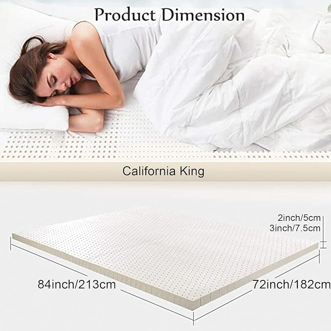 Premium Natural Latex Mattress Topper, Organic Cotton Cover No Memory Foam Chemicals (2" California King)