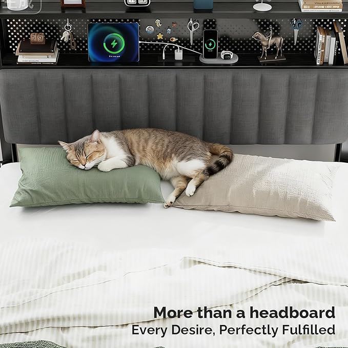 VINGLI Full Size Headboard with 2 Shelves, Adjustable Upholstered Headboard with Pegboard, Charging Stations and LED Lights, Modern Bed Headboard with Storage for Bedroom Decor, Dark Gray