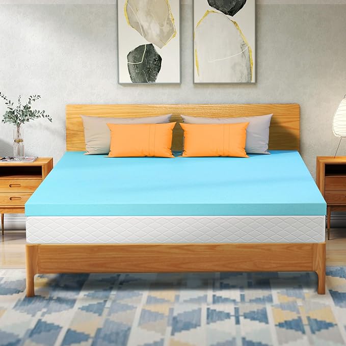 VALUXE King Mattress Topper 2 Inch Cooling Gel Memory Foam, CertiPUR-US Certified Topper & Pad for Back Pain Relief, Soft Breathable Bedding with Pressure Relief (Blue)