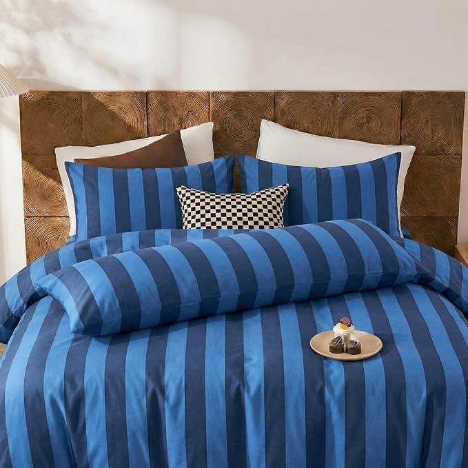 Merryword King Size Pillowcases, 100% Cotton Pillow Cases, Blue and Navy Striped Pillowcases, Soft Breathable Wide Stripes Pillow Covers, Set of 2