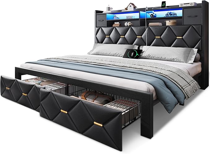 YITAHOME King Size Bed Frame with 2 Storage Drawers and Storage Headboard, Upholstered Platform with Charging Station and LED Light, No Box Spring Needed, Noise Free, Easy Assembly, PU Leather Black