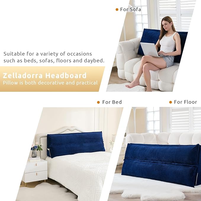 Zelladorra Wedge Pillow Headboard, Headboard Pillow Queen for Reading or Sitting, Bolster Pillow with Large Memory Foam, Removable Cover, Navy