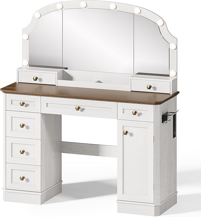 Farmhouse Makeup Vanity Desk with Mirror and Lights, 47'' Vanity Table with 8 Storage Drawers 1 Cabinet & 2 Organizer Trays, Large Dressing Table with Charging for Bedroom Rustic White