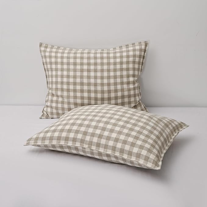 CHUFFED 100% French Linen Pillow Cases Standrad Size Set of 2, Stone Washed Flax Pillow Shams with Zipper Closure - Breathable & Cooling for Hot Sleepers,20x26 Inches,Linen Plaid