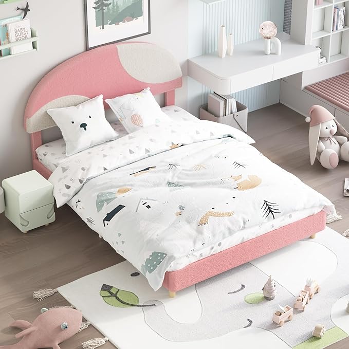 Garvee Full Bed Frame with Round Boucle Headboard, Upholstered Arch-Shaped Design in Soft Pink and White, Modern Kids Bed with Wooden Slats, No Box Spring Required and Easy Assembly