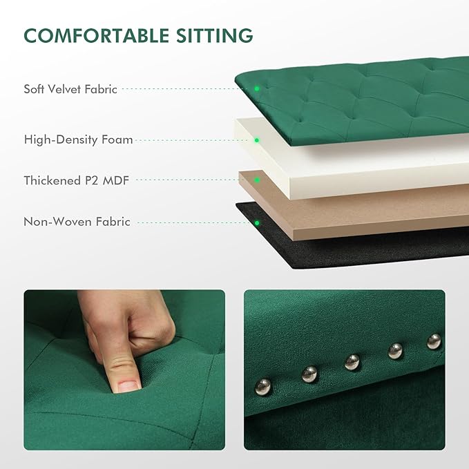 PINPLUS Storage Ottoman Bench for Bedroom, Green Ottoman Folding Velvet Chest with Benches Foot Rest Stool, Large Long Foldable Chest for Entryway Living Room, 43.3"x15.7"x15.7"