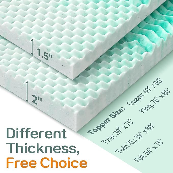 SINWEEK 2 Inch Mattress Topper 5-Zone Memory Foam Mattress Topper Pressure Relieve Soft Mattress Pad, CertiPUR-US Certified, Twin Size, Green