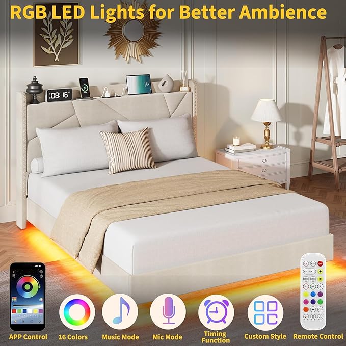 Garvee Full Size Floating Bed Frame with RGB LED Lights and Charging Station, Upholstered Platform Bed with Storage Headboard and Button Tufted Design, No Box Spring Needed, Beige