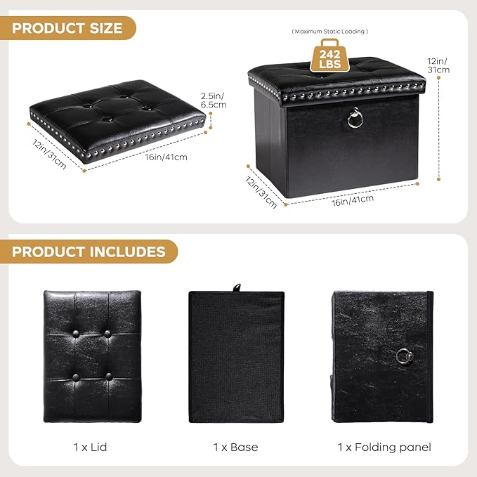 oakvivo Small Storage Ottoman Foot Rest Stool, 16x12x12 in Foldable Leather Footstool Storage Bench with Rivet Design, Thicker Foam Padded Seat, Footrest Under Desk for Living Room Bedroom, Black