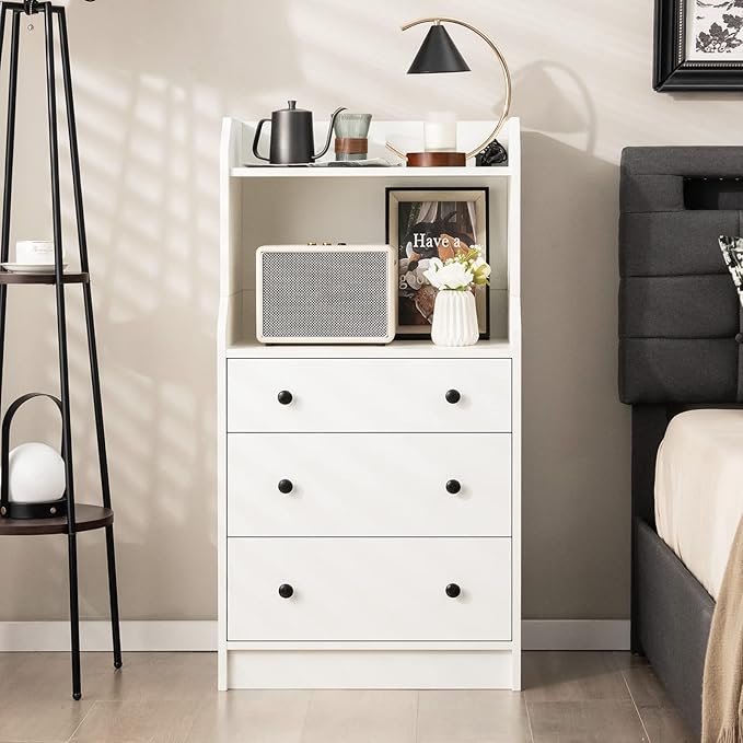 Tall 3 Drawers Dresser, Wood Chest of Drawers with 2 Open Shelves, Modern Nightstand with Anti-Toppling Device, Home Storage Cabinet Dresser Closet for Bedroom, Living Room, Entryway (White)