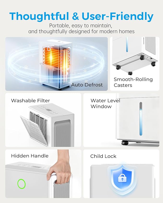Dehumidifier for Basement with Drain Hose, 30 Pint Dehumidifiers for Home up to 2000 sq ft, Dehumidifier for Bathroom with Auto Humidity Control, Dehumidifiers for Bedroom, 24H Timer, White