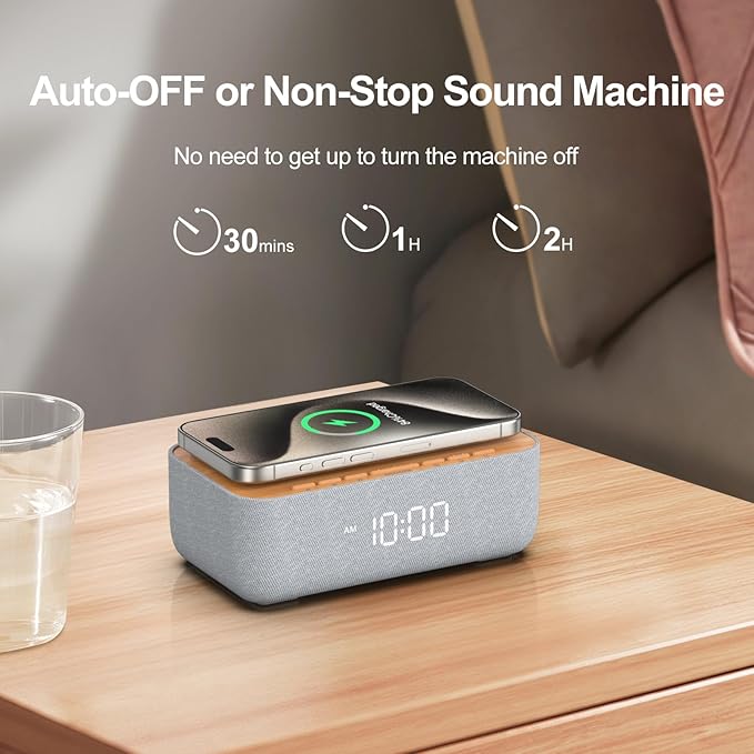 REACHER 15W Fast Magnetic Wireless Charging Alarm Clock with White Noise Machine, Woodgrain Style, 20 HighโFidelity Sounds, Gradual Wake & Snooze, 0โ100% Dimmable Digital Clock, Bedroom & Office