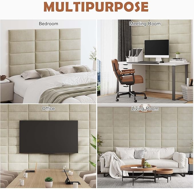 IFNOW Upholstered Wall Mounted Headboard, 3D Soundproof Wall Panels Peel and Stick for Queen Size, Reusable and Removable Tufted Bed Headboard in Beige (6 Panels, 10" x 24")