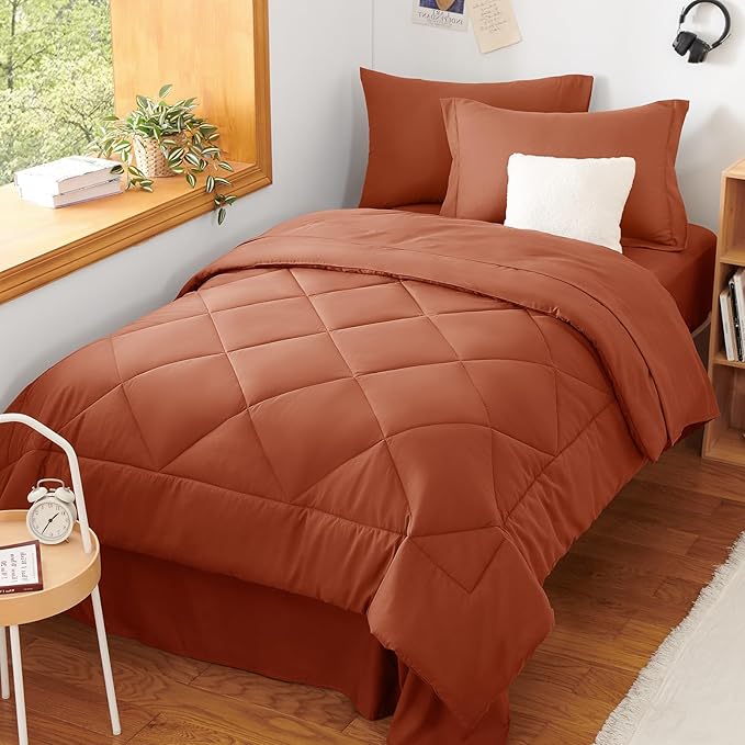 CozyLux Twin XL Comforter Set Burnt Orange - 5 Pieces Twin Extra Long Bed in a Bag for College Dorm, All Season Bedding Set for Girls and Boys, Soft Bed Set with Comforter, Sheets, Pillowcase & Sham