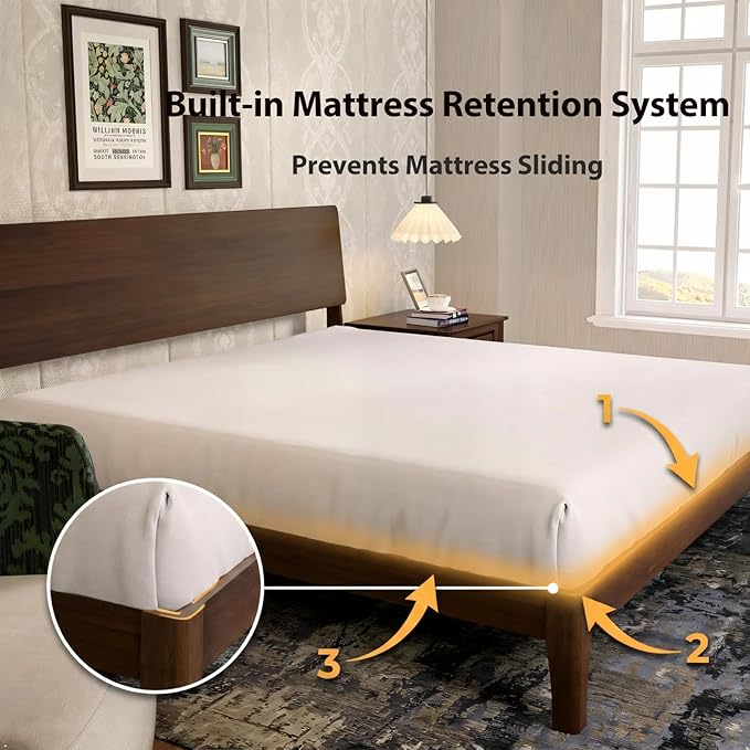 Novilla King Size Bed Frame with 3-Level Adjustable Storage Headboard, Solid Wood Platform Bed Frame with Slats, No Box Spring Needed, Noise Free, Walnut Finish for Master Bedroom and Guest Room