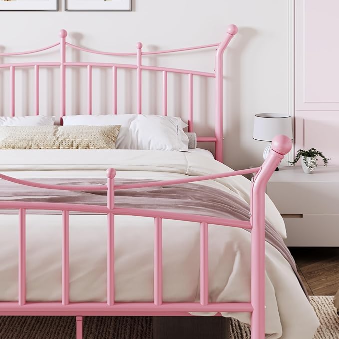 Allewie 14 Inches King Size Metal Platform Bed Frame with Elegant Crown Iron-Art Headboard & Footboard, Sturdy Mattress Foundation with Under-Bed Storage, Easy Assembly, No Box Spring Needed, Pink
