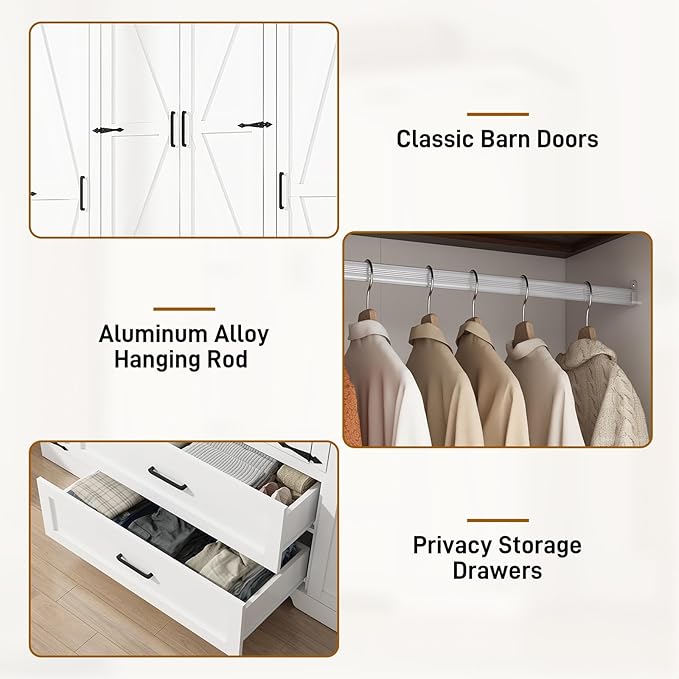 Hlivelood 4 Doors Wardrobe Armoire Closet with Doors and Drawers, Farmhouse Wooden Armoire Storage Cabinet with Shelves & Hanging Rod for Bedroom, White