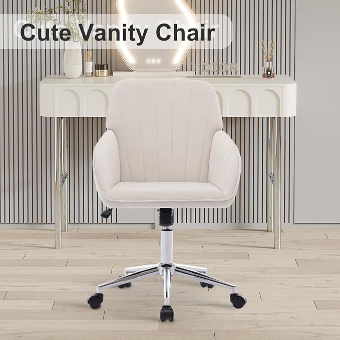 Velvet Vanity Chair with Wheels, Height Adjustable Swivel Makeup Chair, Armless Small Desk Chair for Bedroom/Office/Vanity Table, 250 lbs Capacity (Velvet, White-3)