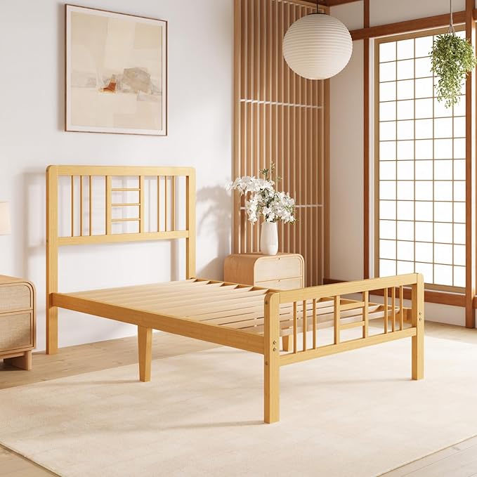 Hunlostten 12 in High Bamboo Wood Twin Bed Frame with Headboard & Footboard, Platform Bed Frame Twin Size with Steel Slats Support, Heavy Duty, No Box Spring Needed, Easy Assembly