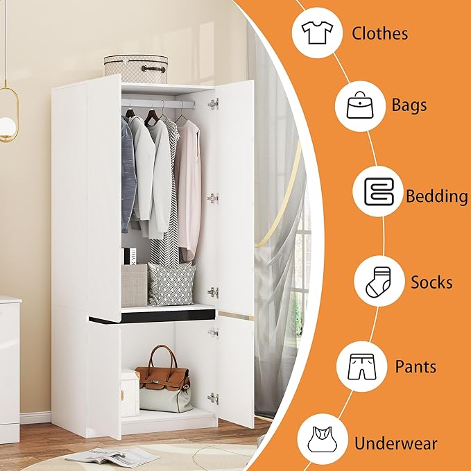 Armoire Wardrobe Closet with Doors: 75" White Large Wardrobe Closet with 2 Doors, Clothes Cabinets for Bedroom Armoires with Storage, Wood Wardrobes Closets for Hanging Clothes (C-Style, 31.5")