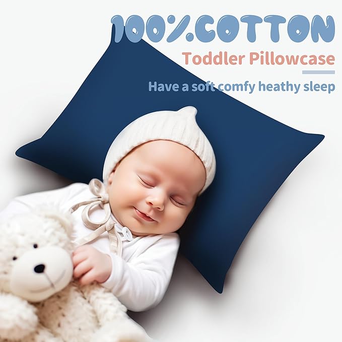 100% Egyptian Cotton Zippered Toddler Pillowcases Set of 2, 600 Thread Count Small Pillow Cases, Super Soft and Breathable Pillow Protector, 13x18 Inches (Navy Blue, Toddler)