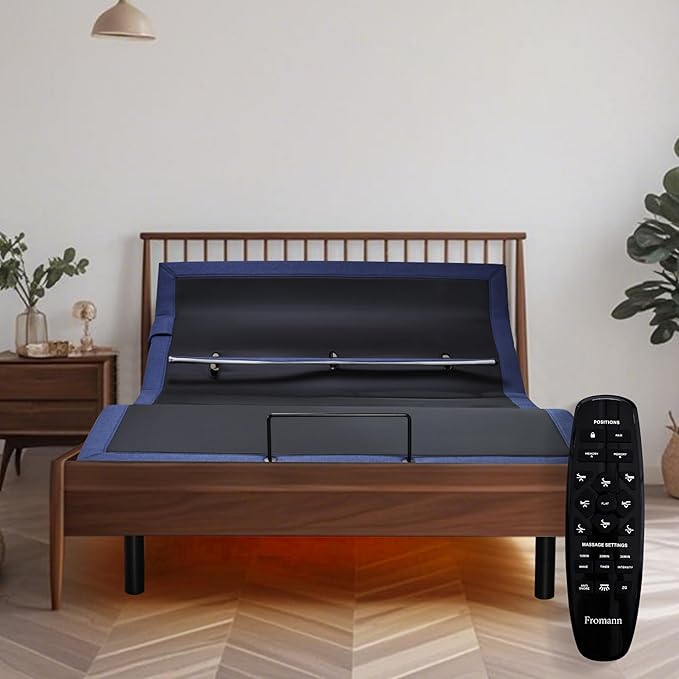 Fromann Adjustable Full Bed Base Frame with Head and Foot Lift, Lumbar Support, Massage, Under-Bed Lights,Left Right USB+C, Memory Positions, Zero Gravity