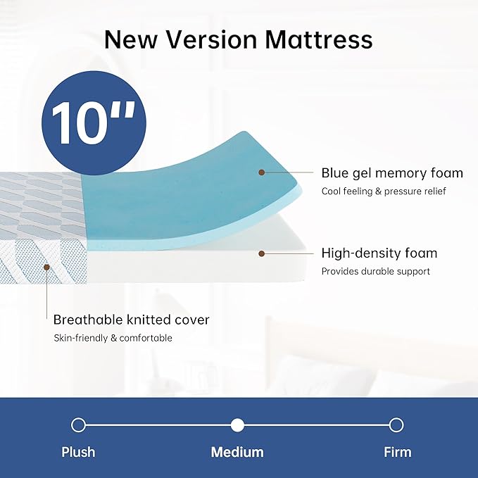 TFD Full Size Mattress,10 Inch Cooling Gel Memory Foam Mattress in a Box for Pressure Relief, No Fiberglass, Motion Isolation, Removable Washable Cover, Medium Firm, 75''L x 54''W