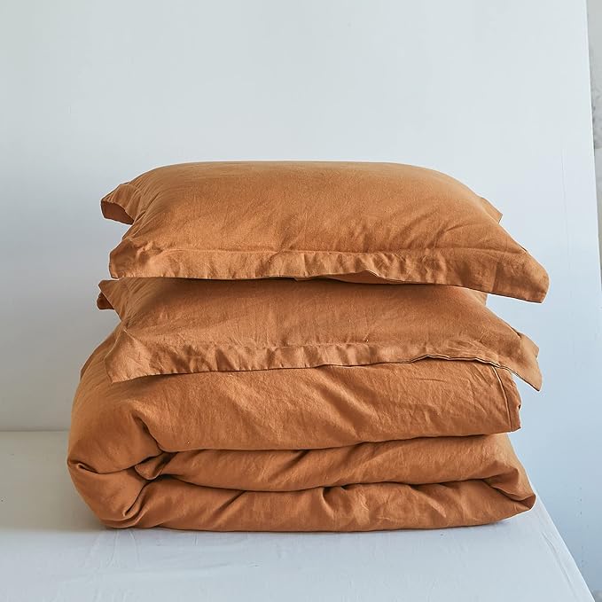 Simple&Opulence 100% Linen Duvet Cover Set 2pcs Basic Style Natural French Washed Flax Solid Color Soft Breathable Farmhouse Bedding with Button Closure - Rust, Twin