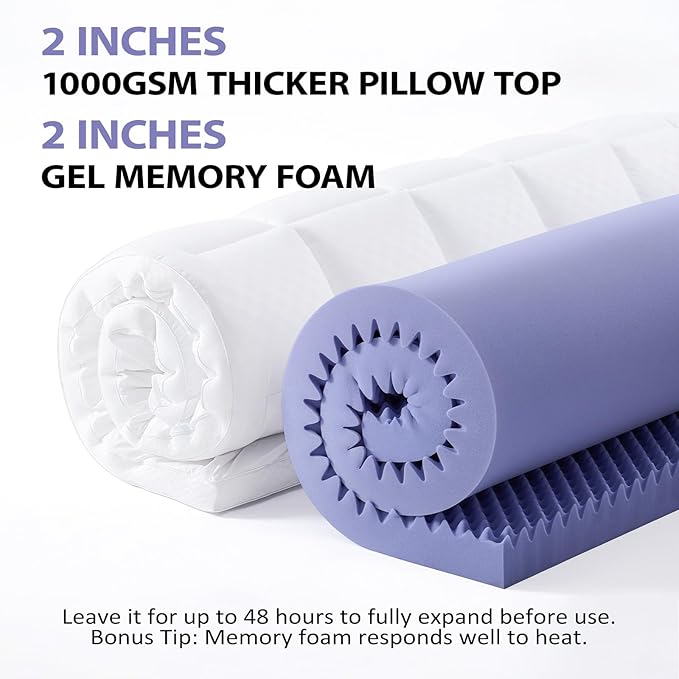 downluxe 4 Inch Full Size Memory Foam Mattress Topper Pro Dual Layer 2 Inch Cooling Gel Egg Crate Memory Foam Plus 2 Inch Pillow Top Medium Firm with Deep Pocket