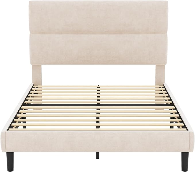 GRUSIGN Full Size Platform Bed Frame with Velvet Headboard, Adjustable Height Wooden Slats Support, Upholstered Mattress Foundation, Fits Mattress or Mattress with Box Spring, Easy Assembly, Beige