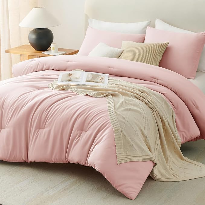CozyLux Oversized King Comforter Set Blush Pink, 3 Pieces 120x98 Solid Breathable Quilted Bedding Sets All Seasons, Luxury Soft Lightweight Bed Set with Down Alternative Comforter and 2 Pillowcases