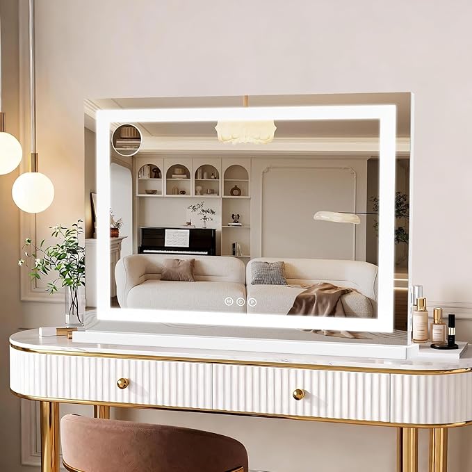 Vanity Mirror with Lights 28"x20", LED Makeup Mirror, 3 Color Lighting Modes, 10X Magnification, Smart Touch Control, Dimmable, Aluminum Metal Frame, Lighted Up for Vanity Desk (White)
