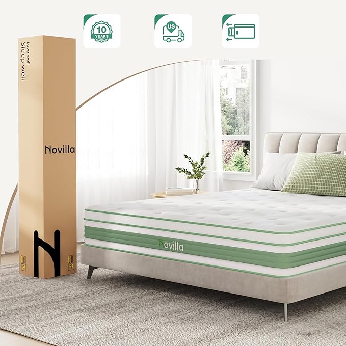Novilla Queen Mattress, 12 Inch Queen Size Hybrid Mattress in a Box, Gel Memory Foam & Individual Pocket Springs, Motion Isolation, Cool Sleep & Pressure Relief, Medium Firm, CertiPUR-US