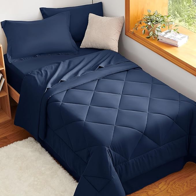 CozyLux Twin XL Comforter Set Navy Blue - 5 Pieces Twin Extra Long Bed in a Bag for College Dorm, All Season Bedding Set for Girls and Boys, Soft Bed Set with Comforter, Sheets, Pillowcase & Sham