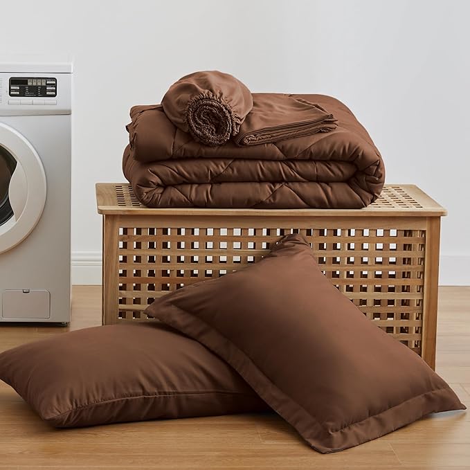 Love's cabin Twin Comforter Set Brown, 5 Pieces Twin Bed in a Bag, All Season Bedding Sets with 1 Comforter, 1 Flat Sheet, 1 Fitted Sheet, 1 Pillowcase and 1 Pillow Sham | Soft, Breathable, Lightweight, Comfortable
