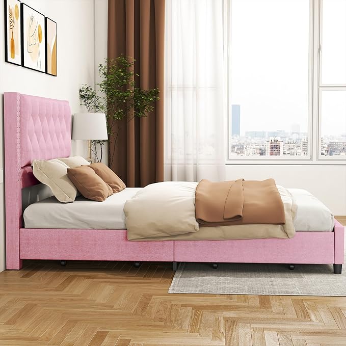 EVLIQUIL Bed Frame Queen Size with 4 Storage Drawers, Upholstered Headboard & Frame, Sturdy Metal Frame & Wood Slats, Platform Bed Frame No Box Spring Needed, Easy Assembly, Pink